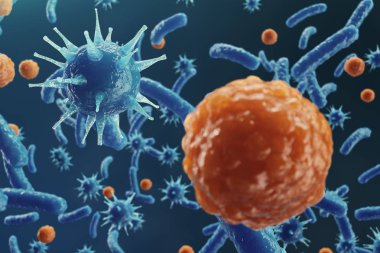 Arka plan virüs. Bilim ve tıp, vücudunda bağışıklık azaltılması kavramı. Grip virüsü, hepatit virüsü, canlı organizma enfekte hücreleri. 3D çizim