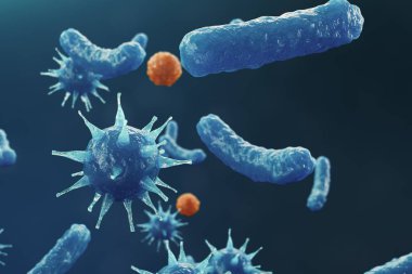 3D çizim virüs backgorund. Virüs grip, Hepatit, AIDS, E. coli, iki nokta üst üste bacillus. Kavramı bilim ve tıp, azalan bakiyeli dokunulmazlık, hücre organizma bulaşmış.