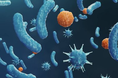 3D çizim virüs backgorund. Virüs grip, Hepatit, AIDS, E. coli, iki nokta üst üste bacillus. Kavramı bilim ve tıp, azalan bakiyeli dokunulmazlık, hücre organizma bulaşmış.