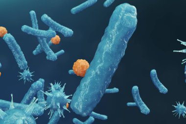 3D çizim virüs backgorund. Virüs grip, Hepatit, AIDS, E. coli, iki nokta üst üste bacillus. Kavramı bilim ve tıp, azalan bakiyeli dokunulmazlık, hücre organizma bulaşmış.