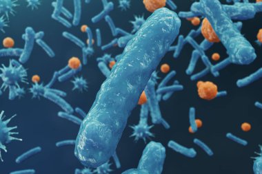 3D çizim virüs backgorund. Virüs grip, Hepatit, AIDS, E. coli, iki nokta üst üste bacillus. Kavramı bilim ve tıp, azalan bakiyeli dokunulmazlık, hücre organizma bulaşmış.