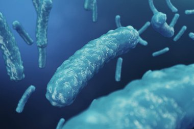 3D çizim virüs backgorund. Virüs grip, Hepatit, AIDS, E. coli, iki nokta üst üste bacillus. Bilim ve tıp, bağışıklık azaltılması kavramı. Hücre enfekte organizma.