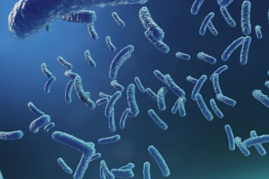3D çizim virüs backgorund. Virüs grip, Hepatit, AIDS, E. coli, iki nokta üst üste bacillus. Bilim ve tıp, bağışıklık azaltılması kavramı. Hücre enfekte organizma