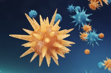 Arka plan virüs. Bilim ve tıp, vücudunda bağışıklık azaltılması kavramı. Grip virüsü, hepatit virüs, enfekte canlı organizma, 3d çizim hücreleri