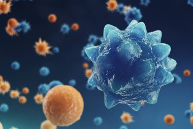 Arka plan virüs. Bilim ve tıp, vücudunda bağışıklık azaltılması kavramı. Grip virüsü, hepatit virüs, enfekte canlı organizma, 3d çizim hücreleri