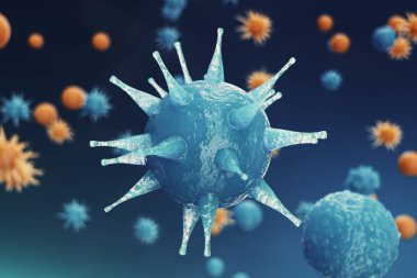 Arka plan virüs. Bilim ve tıp, vücudunda bağışıklık azaltılması kavramı. Grip virüsü, hepatit virüs, enfekte canlı organizma, 3d çizim hücreleri