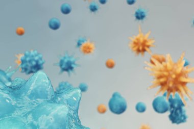 Arka plan virüs. Bilim ve tıp, vücudunda bağışıklık azaltılması kavramı. Grip virüsü, hepatit virüs, enfekte canlı organizma, 3d çizim hücreleri