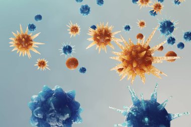 Arka plan virüs. Bilim ve tıp, vücudunda bağışıklık azaltılması kavramı. Grip virüsü, hepatit virüs, enfekte canlı organizma, 3d çizim hücreleri