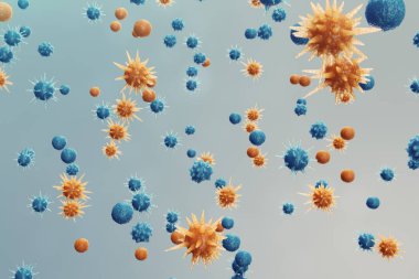 Arka plan virüs. Bilim ve tıp, vücudunda bağışıklık azaltılması kavramı. Grip virüsü, hepatit virüs, enfekte canlı organizma, 3d çizim hücreleri