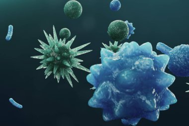Arka plan virüs. Bilim ve tıp, vücudunda bağışıklık azaltılması kavramı. Grip virüsü, hepatit virüs, enfekte canlı organizma, 3d çizim hücreleri