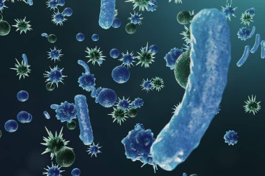 3D çizim virüs backgorund. Virüs grip, Hepatit, AIDS, E. coli, iki nokta üst üste bacillus. Bilim ve tıp, bağışıklık azaltılması kavramı. Hücre enfekte organizma.