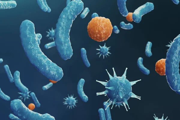 3 d イラストのウイルス backgorund。ウイルス インフルエンザ、肝炎、エイズ、エシェリヒア属大腸菌、大腸菌。科学と医学、還元免疫の概念感染を受けた細胞生物 — ストック写真