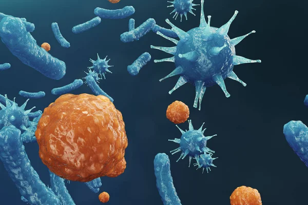3 d イラストのウイルス backgorund。ウイルス インフルエンザ、肝炎、エイズ、エシェリヒア属大腸菌、大腸菌。科学と医学、還元免疫の概念感染を受けた細胞生物 — ストック写真