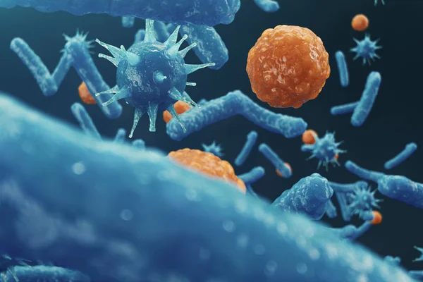 3D çizim virüs backgorund. Virüs grip, Hepatit, AIDS, E. coli, iki nokta üst üste bacillus. Kavramı bilim ve tıp, azalan bakiyeli dokunulmazlık, hücre organizma bulaşmış.