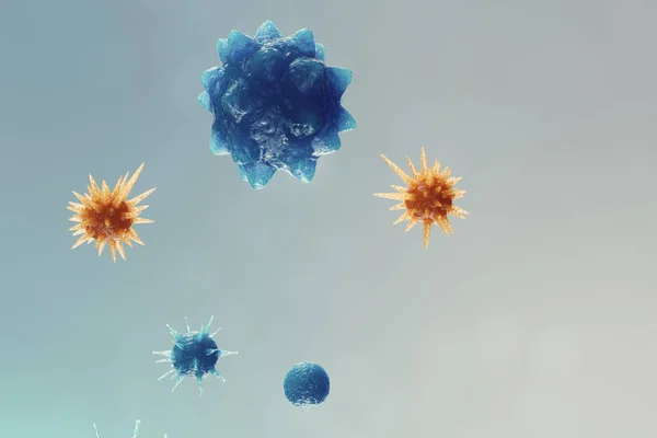 Abstracte achtergrond virus. Het concept van de wetenschap en geneeskunde, vermindering van de immuniteit in het lichaam. Influenza-virus, hepatitis virus, cellen die het levend organisme, 3d illustratie infecteren — Stockfoto