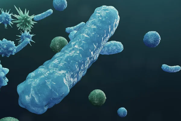 3D illustration Virus backgorund. Virus influensa, hepatit, Aids, E. coli, kolon bacillus. Begreppet vetenskap och medicin, minska immunitet. Cell infekterade organismen. — Stockfoto