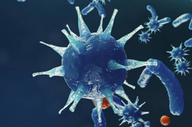 3D çizim virüs backgorund. Virüs grip, Hepatit, AIDS, E. coli, iki nokta üst üste bacillus. Kavramı bilim ve tıp, azalan bakiyeli dokunulmazlık, hücre organizma bulaşmış.