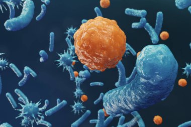 3D çizim virüs backgorund. Virüs grip, Hepatit, AIDS, E. coli, iki nokta üst üste bacillus. Kavramı bilim ve tıp, azalan bakiyeli dokunulmazlık, hücre organizma bulaşmış.
