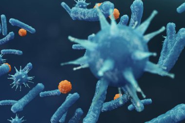 3D çizim virüs backgorund. Virüs grip, Hepatit, AIDS, E. coli, iki nokta üst üste bacillus. Kavramı bilim ve tıp, azalan bakiyeli dokunulmazlık, hücre organizma bulaşmış.