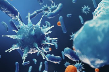 3D çizim virüs backgorund. Virüs grip, Hepatit, AIDS, E. coli, iki nokta üst üste bacillus. Kavramı bilim ve tıp, azalan bakiyeli dokunulmazlık, hücre organizma bulaşmış.