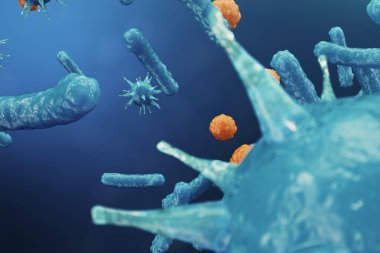 3D çizim virüs backgorund. Virüs grip, Hepatit, AIDS, E. coli, iki nokta üst üste bacillus. Bilim ve tıp, bağışıklık azaltılması kavramı. Hücre enfekte organizma