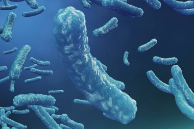 3D çizim virüs backgorund. Virüs grip, Hepatit, AIDS, E. coli, iki nokta üst üste bacillus. Bilim ve tıp, bağışıklık azaltılması kavramı. Hücre enfekte organizma