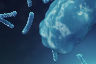 Arka plan virüs. Bilim ve tıp, vücudunda bağışıklık azaltılması kavramı. Grip virüsü, hepatit virüsü, canlı organizma enfekte hücreleri. 3D çizim