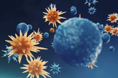 3D çizim virüs backgorund. Virüs grip, Hepatit, AIDS, E. coli, iki nokta üst üste bacillus. Bilim ve tıp, bağışıklık azaltılması kavramı. Hücre enfekte organizma.