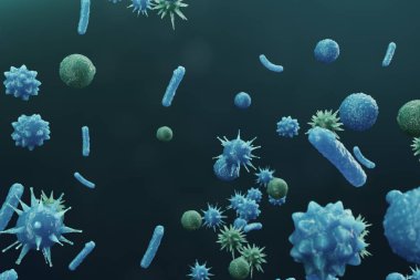 Arka plan virüs. Bilim ve tıp, vücudunda bağışıklık azaltılması kavramı. Grip virüsü, hepatit virüsü, canlı organizma enfekte hücreleri. 3D çizim