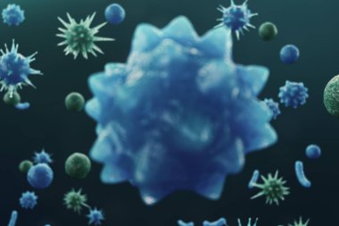 Arka plan virüs. Bilim ve tıp, vücudunda bağışıklık azaltılması kavramı. Grip virüsü, hepatit virüs, enfekte canlı organizma, 3d çizim hücreleri