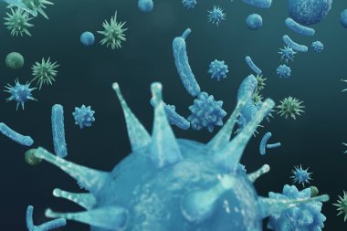 3D çizim virüs backgorund. Virüs grip, Hepatit, AIDS, E. coli, iki nokta üst üste bacillus. Bilim ve tıp, bağışıklık azaltılması kavramı. Hücre enfekte organizma