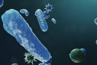 3D çizim virüs backgorund. Virüs grip, Hepatit, AIDS, E. coli, iki nokta üst üste bacillus. Bilim ve tıp, bağışıklık azaltılması kavramı. Hücre enfekte organizma.
