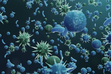 3D çizim virüs backgorund. Virüs grip, Hepatit, AIDS, E. coli, iki nokta üst üste bacillus. Bilim ve tıp, bağışıklık azaltılması kavramı. Hücre enfekte organizma.