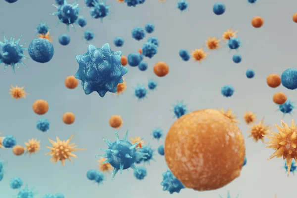 抽象的な背景のウイルス。科学および薬、体内で免疫を減らすことの概念。インフルエンザ ウイルス、肝炎ウイルス、細胞生きている有機体、3 d イラストレーションに感染します。 — ストック写真