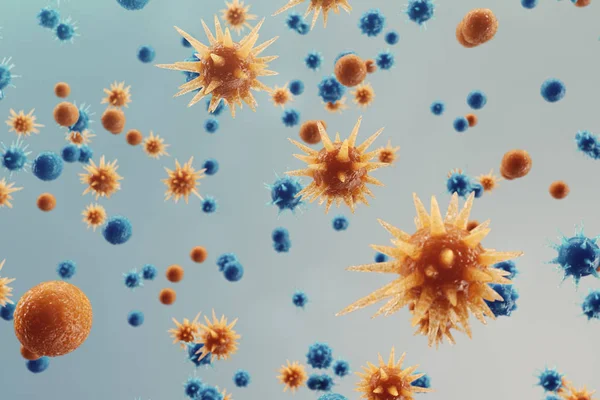 抽象的な背景のウイルス。科学および薬、体内で免疫を減らすことの概念。インフルエンザ ウイルス、肝炎ウイルス、細胞生きている有機体、3 d イラストレーションに感染します。 — ストック写真