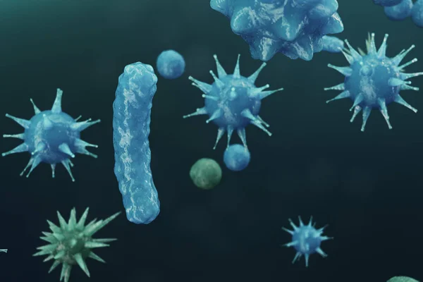 Abstrakt bakgrund virus. Begreppet vetenskap och medicin, minska immunitet i kroppen. Influensa-virus, hepatitvirus, celler som infekterar de levande organism, 3d illustration — Stockfoto