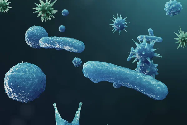 3d Illustration Virus Backgorund. Viren Grippe, Hepatitis, Aids, z. B. Coli, Darmkeime. Konzept von Wissenschaft und Medizin, das Immunität verringert. Zellinfizierter Organismus. — Stockfoto