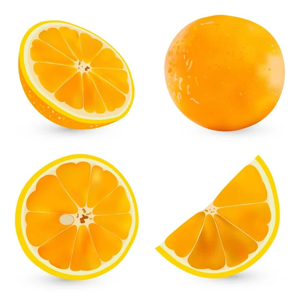 Conjunto de vetores laranja inteira realista e meia laranja isolada no fundo branco . — Vetor de Stock