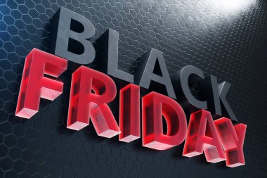 Black Friday - sadece yılda bir, en fazla indirim. Satış, sevinç, başarı. Şu an. Duvardaki siyah Cuma metin. Büyük satış. 3D çizim