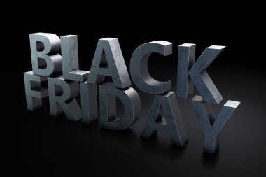 Black Friday - sadece yılda bir, en fazla indirim. Satış, sevinç, başarı. Şu an. Duvardaki siyah Cuma metin. Büyük satış. 3D çizim
