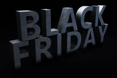 Black Friday - sadece yılda bir, en fazla indirim. Satış, sevinç, başarı. Şu an. Duvardaki siyah Cuma metin. Büyük satış. 3D çizim