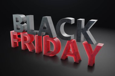 Black Friday - sadece yılda bir, en fazla indirim. Satış, sevinç, başarı. Şu an. Duvardaki siyah Cuma metin. Büyük satış. 3D çizim