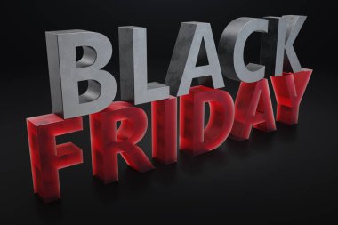 Black Friday - sadece yılda bir, en fazla indirim. Satış, sevinç, başarı. Şu an. Duvardaki siyah Cuma metin. Büyük satış. 3D çizim