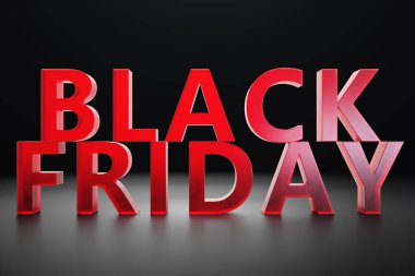 Black Friday - sadece yılda bir, en fazla indirim. Satış, sevinç, başarı. Şu an. Duvardaki siyah Cuma metin. Büyük satış. 3D çizim
