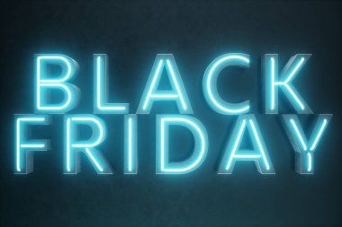 Black Friday - yılın en beklenen satış. Neon mavi 3d afiş. Büyük indirimler. Sadece yılda bir kez, en büyük indirimler. Satış, sevinç, başarı. 3D çizim