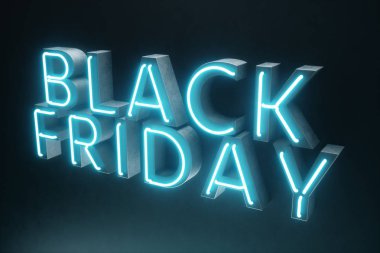 Black Friday - yılın en beklenen satış. Neon mavi 3d afiş. Büyük indirimler. Sadece yılda bir kez, en büyük indirimler. Satış, sevinç, başarı. 3D çizim