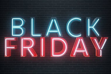 Black Friday - Cuma büyük bir satış ile. Satış, sevinç, başarı. Mavi ve kırmızı kızdırma Neon afiş, indirimler. 3D çizim