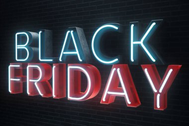 Black Friday - Cuma büyük bir satış ile. Satış, sevinç, başarı. Mavi ve kırmızı kızdırma Neon afiş, indirimler. 3D çizim