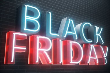 Black Friday - Cuma büyük bir satış ile. Satış, sevinç, başarı. Mavi ve kırmızı kızdırma Neon afiş, indirimler. 3D çizim