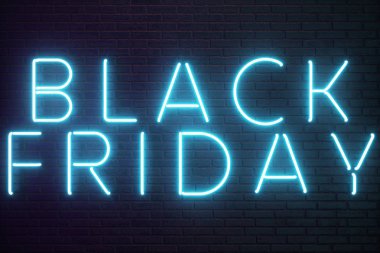 Black Friday - Cuma büyük bir satış ile. Satış, sevinç, başarı. Mavi Glow Neon afiş, indirimler. 3D çizim